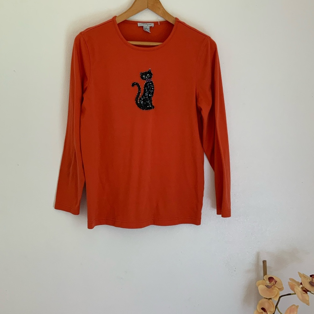 Orange Long Sleeve Tee with Glitter Black Cat on Front.